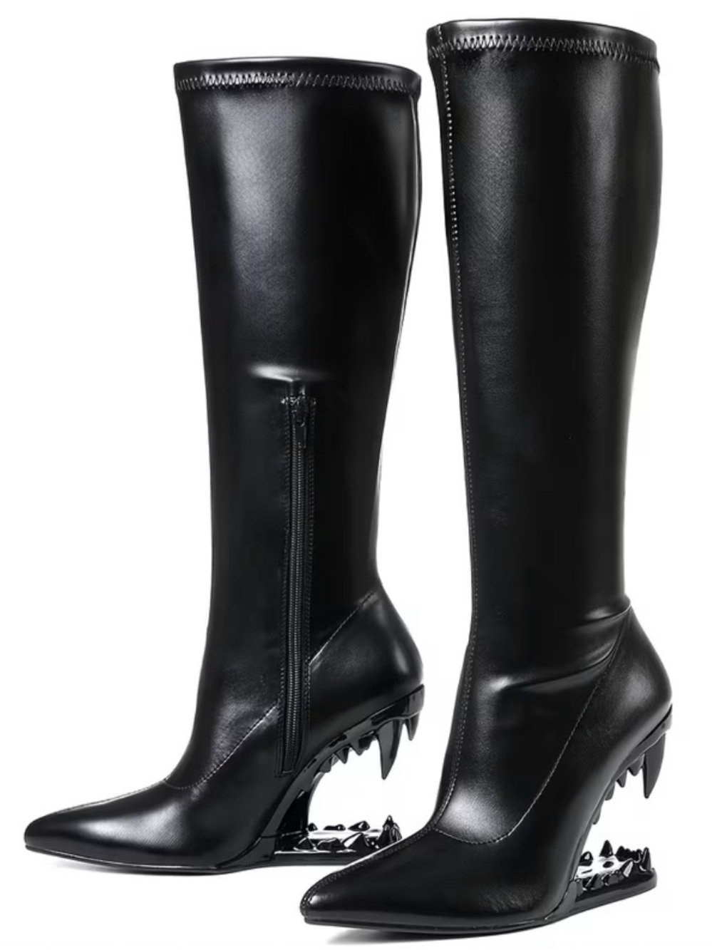 Pointed Knee-High Black Heeled Boots with Sculptural Cutout Wedge 7